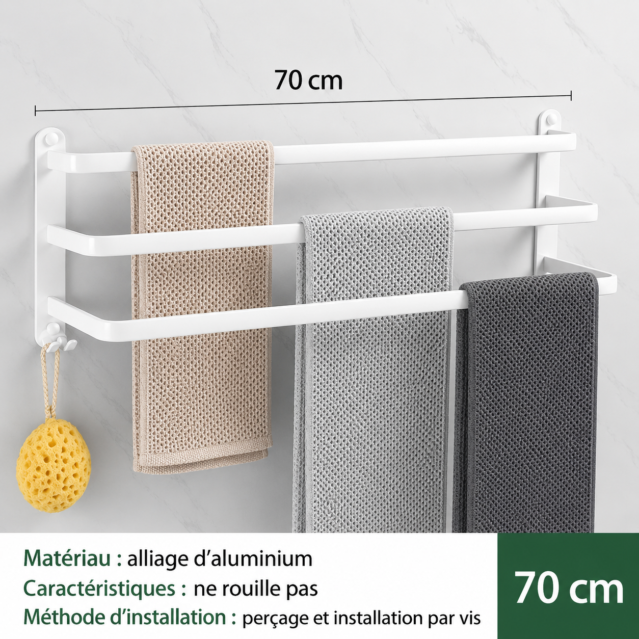 Porte-serviettes en Blanc avec Rangement 3 barres 70cm