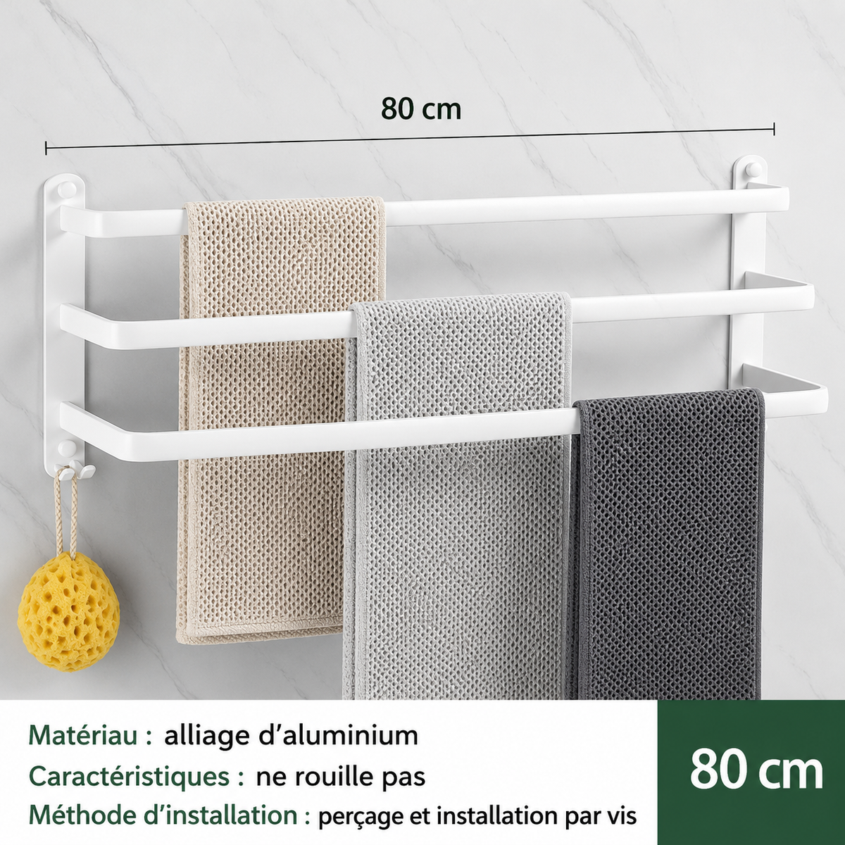 Porte-serviettes en Blanc avec Rangement 3 barres 80cm