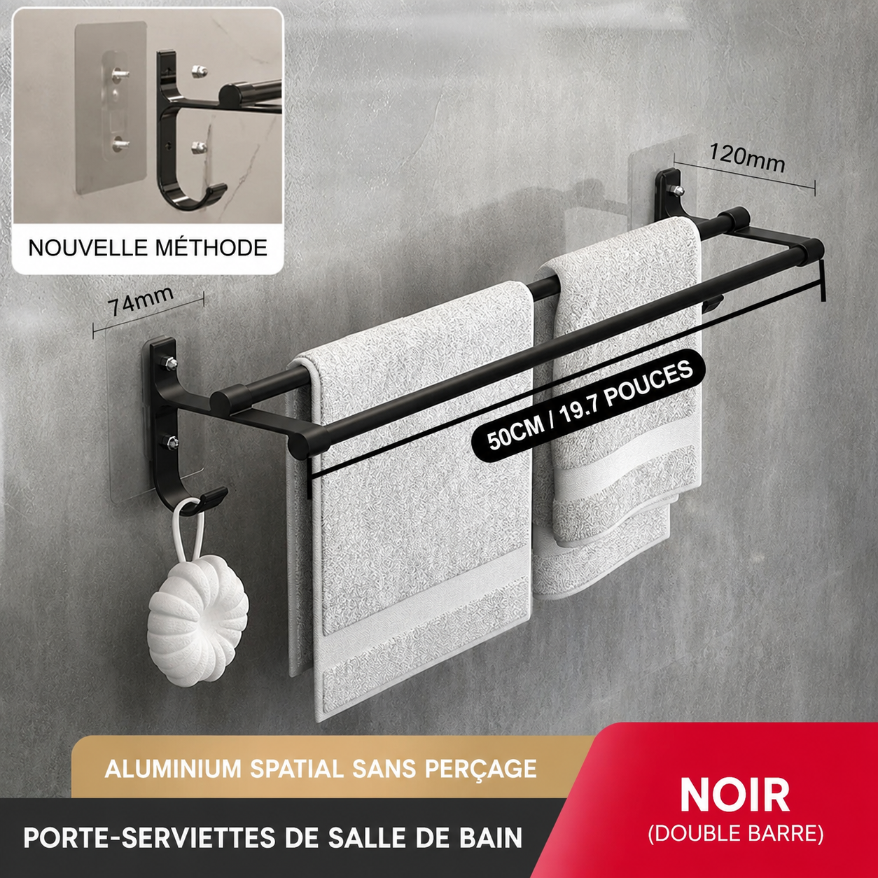 Porte-serviettes Double Barres 50cm en Noir