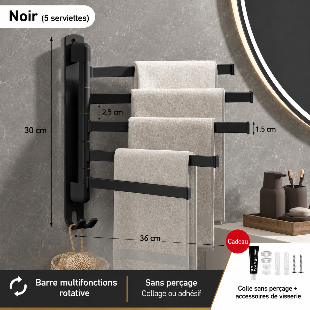 Porte-serviettes Rotatif Acier Inoxydable 5 barres en Noir