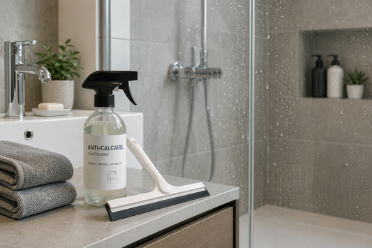 Infographie montrant comment éviter le calcaire dans une salle de bain avec une douche vitrée, une raclette, un spray anti-calcaire et les principaux gestes d'entretien pour prévenir les dépôts de tartre sur les surfaces.