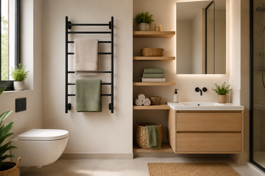 Salle de bain moderne optimisée avec porte-serviettes mural et rangements suspendus pour gagner de la place et améliorer l’organisation.