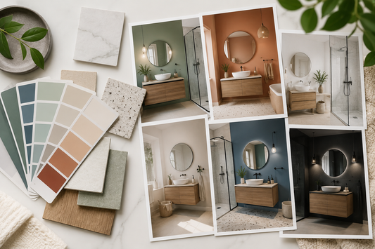 Palette de couleurs pour salle de bain moderne avec échantillons de matériaux et inspirations déco en vert sauge, terracotta, bleu et tons neutres.
