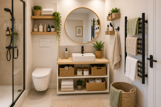 Salle de bain optimisée avec porte-serviettes mural et rangements pour gagner de la place dans un petit espace.