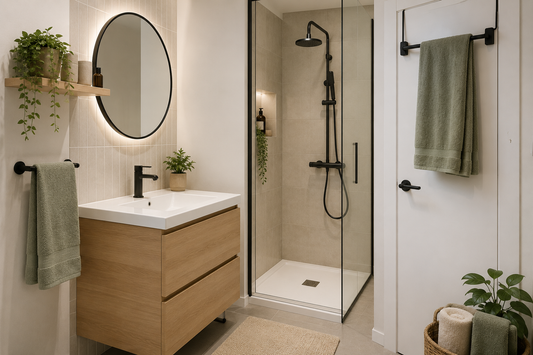 Salle de bain moderne avec meuble vasque en bois, douche à l'italienne, robinetterie noire, miroir rond et porte-serviettes mural avec serviettes vertes.