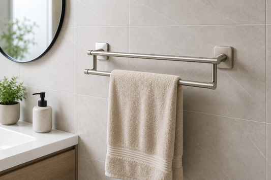 Schéma expliquant les différentes méthodes pour installer un porte-serviettes mural sur un mur carrelé, avec fixation adhésive ou par perçage, dans une salle de bain moderne.