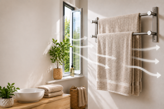 Comment faire sécher ses serviettes plus rapidement : serviettes étendues sur un porte-serviettes 2 barres dans une salle de bain ventilée avec fenêtre ouverte.