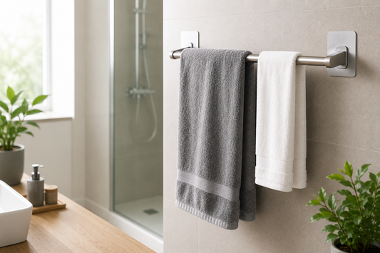 Porte-serviettes mural sans perçage fixé sur un carrelage de salle de bain avec deux serviettes suspendues dans une salle de bain moderne et lumineuse.