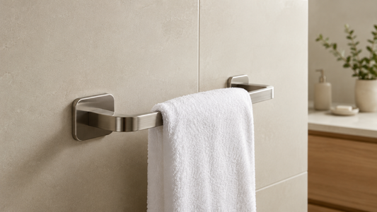 Porte-serviettes sans perçage fixé sur un mur en carrelage beige dans une salle de bain moderne, avec serviette blanche suspendue et installation adhésive sans vis ni trous.