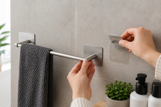Étapes pour retirer un porte-serviettes adhésif sans abîmer le mur : chauffage de la colle, décollage progressif, nettoyage des résidus et mur propre après retrait dans une salle de bain carrelée.