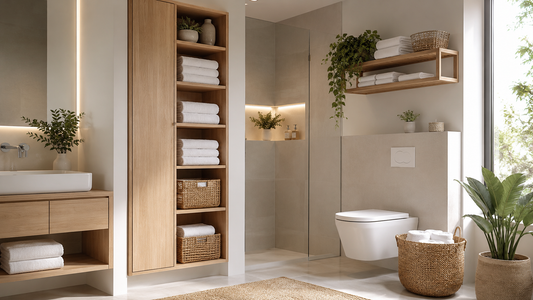 Serviettes de rechange rangées sur une étagère, dans une colonne et dans un panier de rangement dans une salle de bain moderne et organisée.
