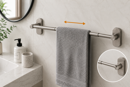 Illustration d’un porte-serviettes coulissant extensible montrant la barre en position fermée et en position déployée dans une salle de bain moderne.