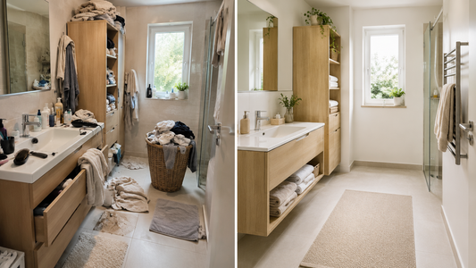 Comparaison entre une salle de bain encombrée avec trop d’objets et une salle de bain bien organisée avec rangements muraux et serviettes correctement rangées.