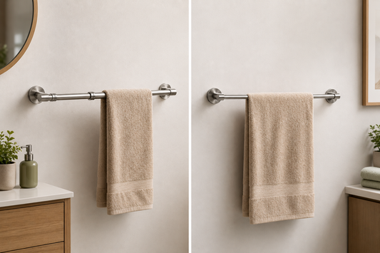 Comparaison entre un porte-serviettes coulissant et un porte-serviettes fixe installés dans une salle de bain moderne aux tons bois et blanc.