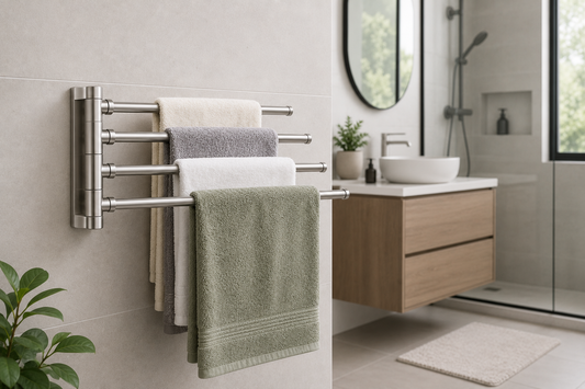 Infographie montrant un porte-serviettes coulissant replié puis déployé dans une salle de bain moderne afin d'illustrer le gain de place, la praticité et le séchage optimal de plusieurs serviettes.