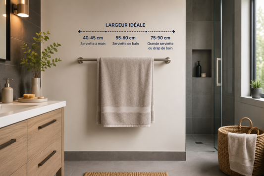 Illustration montrant les largeurs recommandées pour un porte-serviettes mural dans une salle de bain moderne, avec comparaison entre une petite serviette, une serviette de bain classique et un drap de bain selon l’espace disponible.