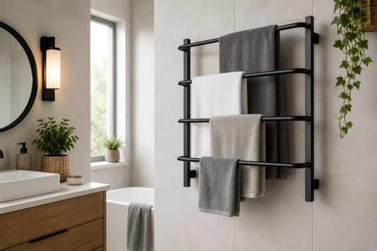 Illustration montrant un porte-serviettes mural avec plusieurs serviettes de bain, accompagnée de repères visuels expliquant les critères de choix d'un porte-serviettes adapté à une famille et à une salle de bain organisée.