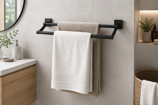 Infographie comparant un porte-serviettes 1 barre et un porte-serviettes 2 barres, mettant en avant le gain de place, le séchage plus rapide des serviettes et les avantages d'un porte-serviettes double barre dans une salle de bain moderne.