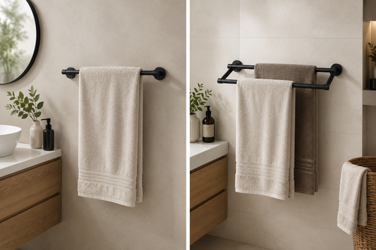 Comparaison entre un porte-serviettes simple et un porte-serviettes double installés dans une salle de bain moderne avec serviettes suspendues.