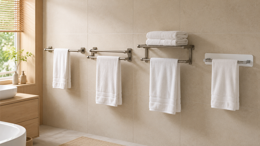 Comparaison de plusieurs porte-serviettes muraux dans une salle de bain moderne montrant les différents critères de choix : nombre de barres, rangement, dimensions et fixation.