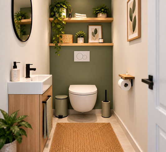 Accessoires indispensables pour les toilettes : porte-papier WC, brosse, poubelle, lave-mains et rangements muraux