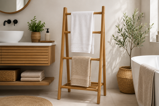 Infographie présentant les avantages d'un porte-serviettes en bois dans une salle de bain moderne : design naturel, solidité, entretien facile et adaptation à tous les styles.
