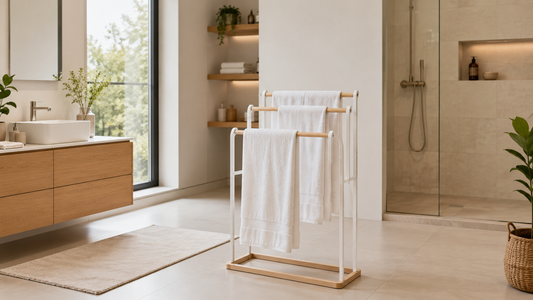 Porte-serviettes sur pied dans une salle de bain moderne montrant ses avantages : installation sans perçage, mobilité, rangement de plusieurs serviettes et séchage optimal au quotidien.