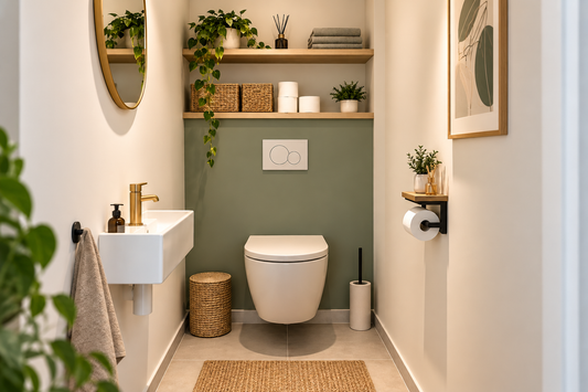 Toilettes optimisées avec WC suspendu, lave-mains compact, rangements en hauteur et porte-papier toilette mural