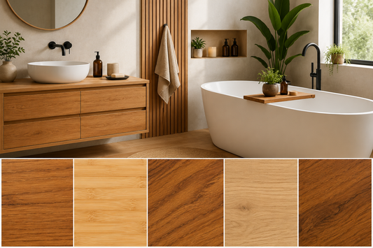Salle de bain moderne en bois avec meuble vasque, baignoire et comparaison de différentes essences de bois adaptées aux pièces humides
