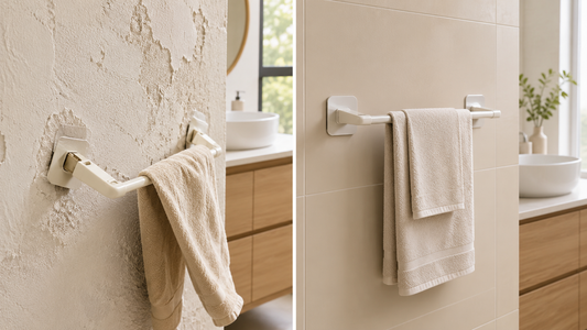 Comparaison entre une mauvaise et une bonne installation de porte-serviettes sans perçage montrant l'importance d'une surface lisse et adaptée pour garantir une fixation fiable et durable dans une salle de bain.
