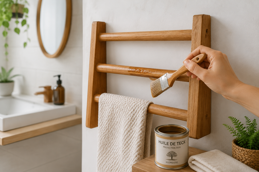 Application d'une huile de protection sur un porte-serviettes en bois dans une salle de bain moderne pour le protéger de l'humidité