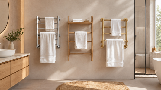 Comparatif de porte-serviettes en acier inoxydable, bois et laiton dans une salle de bain moderne, illustrant les différents matériaux disponibles pour choisir un porte-serviettes adapté à son style et à son environnement.