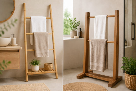 Comparaison entre un porte-serviettes en bambou et un porte-serviettes en bois massif dans une salle de bain moderne.