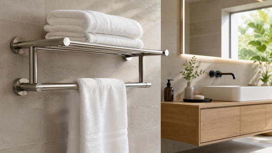 Comparatif illustré d’un porte-serviettes en acier inoxydable mettant en avant sa résistance à l’humidité, sa durabilité, sa fixation murale robuste, son entretien facile et son design moderne dans une salle de bain contemporaine.