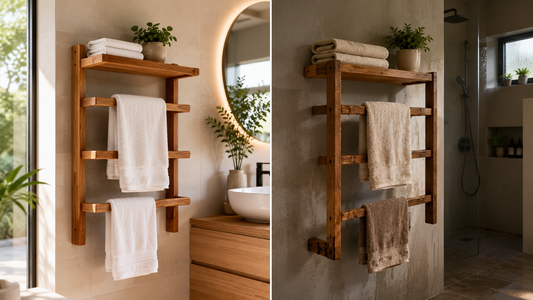 Porte-serviettes en bois dans une salle de bain : comparaison entre une installation avec un bois adapté, protégé et bien entretenu et un modèle exposé à l'humidité sans protection, illustrant l'importance du choix de l'essence et de la ventilation.