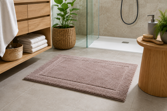 Tapis de bain moelleux dans une salle de bain moderne avec douche à l'italienne, meuble en bois clair et décoration scandinave lumineuse.