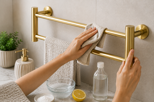 Nettoyage d'un porte-serviettes en laiton avec un chiffon microfibre et des produits d'entretien dans une salle de bain moderne.