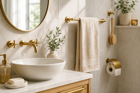 Infographie montrant une salle de bain moderne avec accessoires en laiton mettant en avant la résistance à l'humidité, la durabilité, l'absence de rouille et l'élégance du laiton.