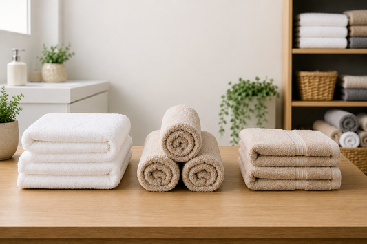 Serviettes de bain pliées en pile, en rouleau et façon hôtel sur un meuble en bois dans une salle de bain moderne et lumineuse, illustrant différentes méthodes de pliage pour optimiser le rangement.