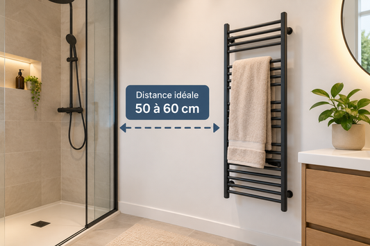 Illustration montrant où placer un porte-serviettes dans une salle de bain : près de la douche, sur pied, sur la porte ou sans perçage, avec les distances recommandées pour un accès facile et un séchage optimal des serviettes.