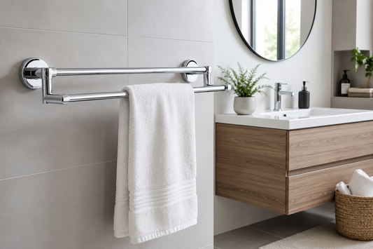 Infographie d'un porte-serviettes chromé dans une salle de bain moderne présentant ses principaux avantages : résistance à l'humidité, entretien facile, durabilité et finition brillante.