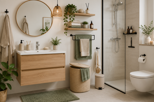 Illustration des 10 accessoires indispensables dans une salle de bain moderne : miroir, porte-serviettes, tapis de bain, distributeur de savon, porte-brosses à dents, étagères murales, crochets, panier à linge, poubelle et raclette de douche.
