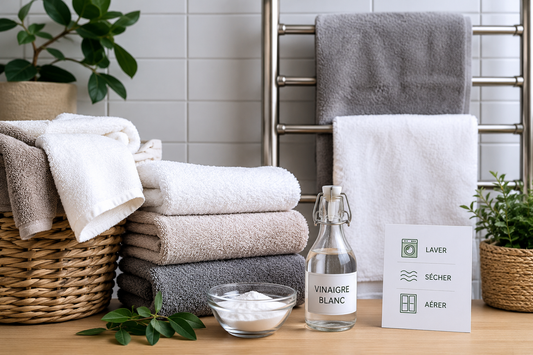 Infographie illustrant les bonnes pratiques pour éviter les mauvaises odeurs sur les serviettes de bain, comparant un mauvais séchage à un séchage optimal sur un porte-serviettes favorisant la circulation de l'air et un séchage rapide.