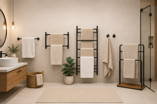 Salle de bain moderne avec plusieurs types de porte-serviettes (barre simple, double barre, échelle, crochets et porte-serviettes sur pied) illustrant les différentes solutions pour suspendre et faire sécher les serviettes.