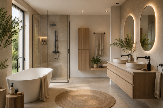 Salle de bain tendance 2026 illustrant les principales tendances déco avec douche à l’italienne, meubles suspendus en bois, robinetterie noire, miroirs rétroéclairés, matériaux naturels et palette de couleurs douces.