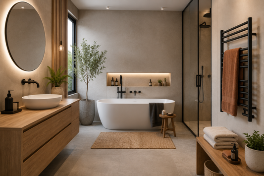 Infographie sur la décoration d'une salle de bain moderne avec porte-serviettes design, matériaux naturels, éclairage LED et accessoires contemporains.