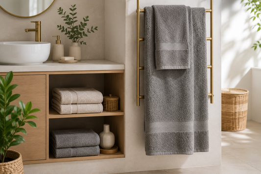 Infographie expliquant la différence entre une serviette de bain et un drap de bain avec un comparatif des dimensions, du confort, des usages, du temps de séchage et des conseils pour choisir le linge de bain adapté.