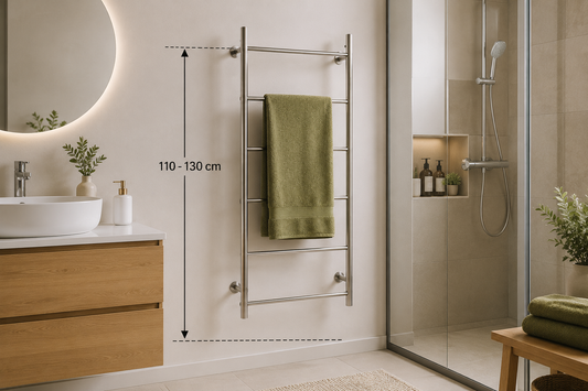 Salle de bain moderne optimisée avec porte-serviettes mural, rangements astucieux et espace dégagé pour gagner de la place au quotidien