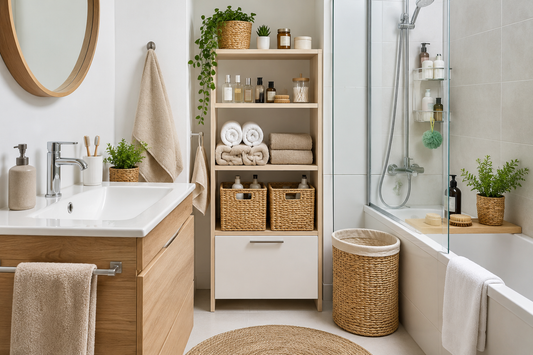 Infographie présentant 6 conseils pour garder une salle de bain toujours bien rangée : trier, attribuer une place à chaque objet, utiliser des paniers, exploiter les murs, organiser les serviettes et adopter une routine.
