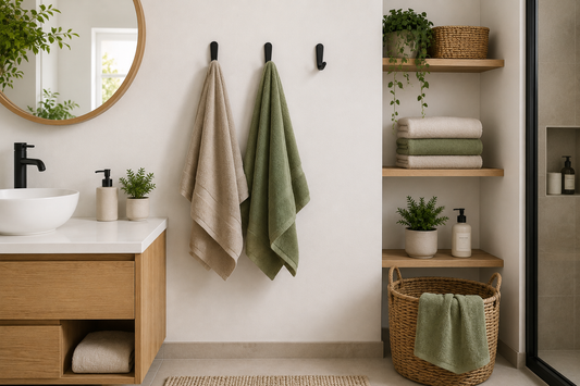 Crochet porte-serviettes noir avec serviettes suspendues dans une salle de bain moderne et organisée